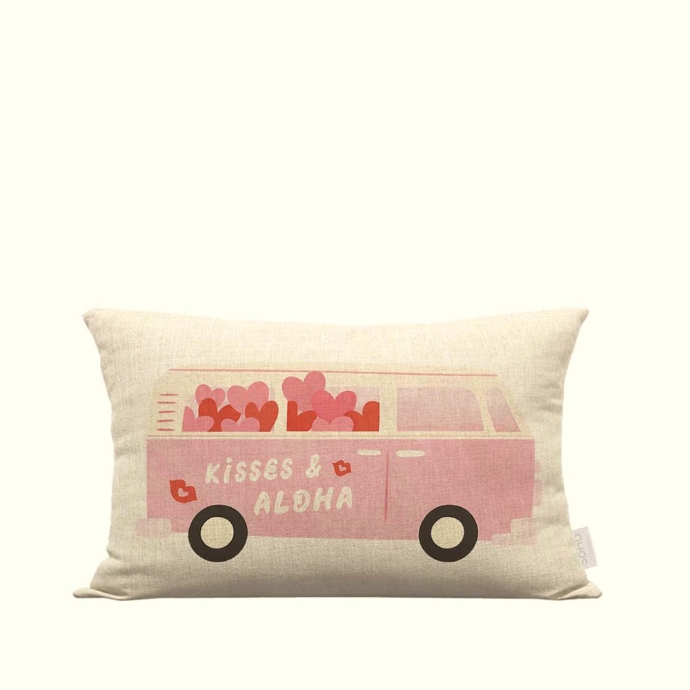 SoHa Living Valentines 12x20 Kisses and Aloha Bus Hearts in Natural Pillow